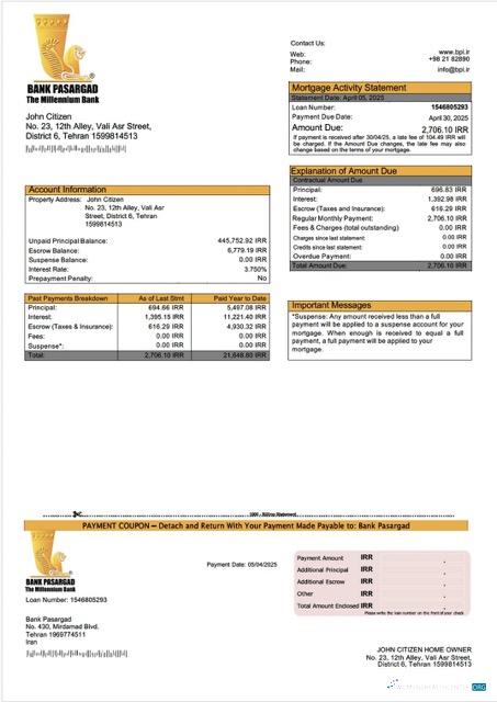 Download Iran Bank Pasargad mortgage statement Word and PDF template Photoshop template